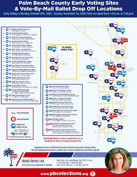 Early voting begins Monday, Oct. 19; Palm Beach County Supervisor of Elections also giving voters innovative and secure options to return completed Vote-By-Mail ballots