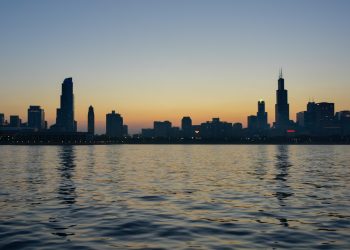 A cityscape at sunset.