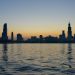 A cityscape at sunset.